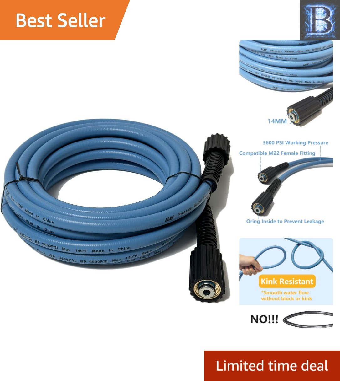 Versatile 25FT 1/4-inch Pressure Washer Hose with M22 Connector for All Machines