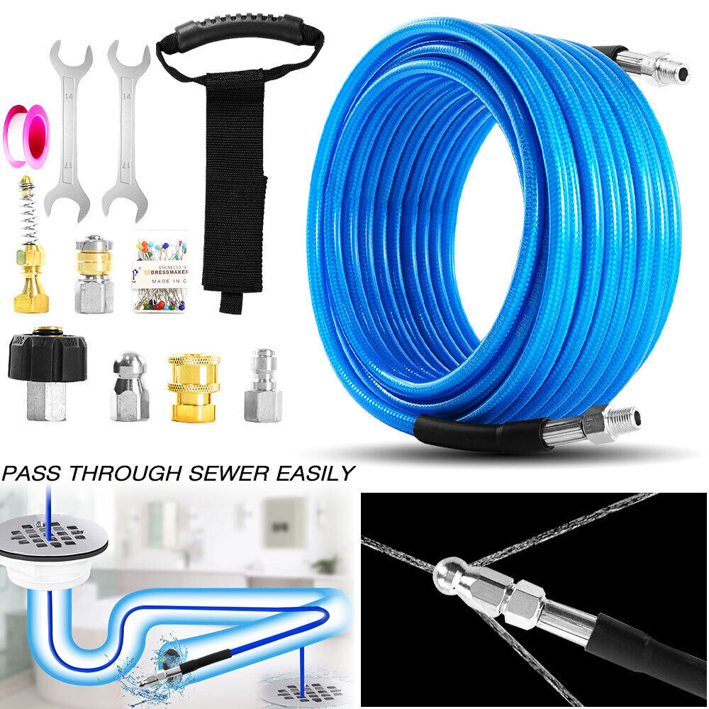 50FT 5800 PSI Sewer Jetter Nozzles Kit Pressure Washer Drain Cleaning Hose Set