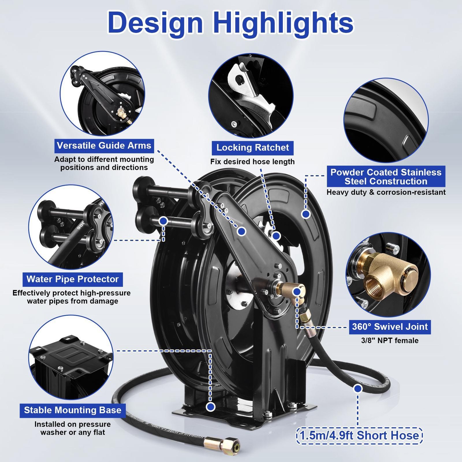 Retractable Power Pressure Washer Hose Reel 3/8″ x 50 ft, 4000PSI, Only Reel