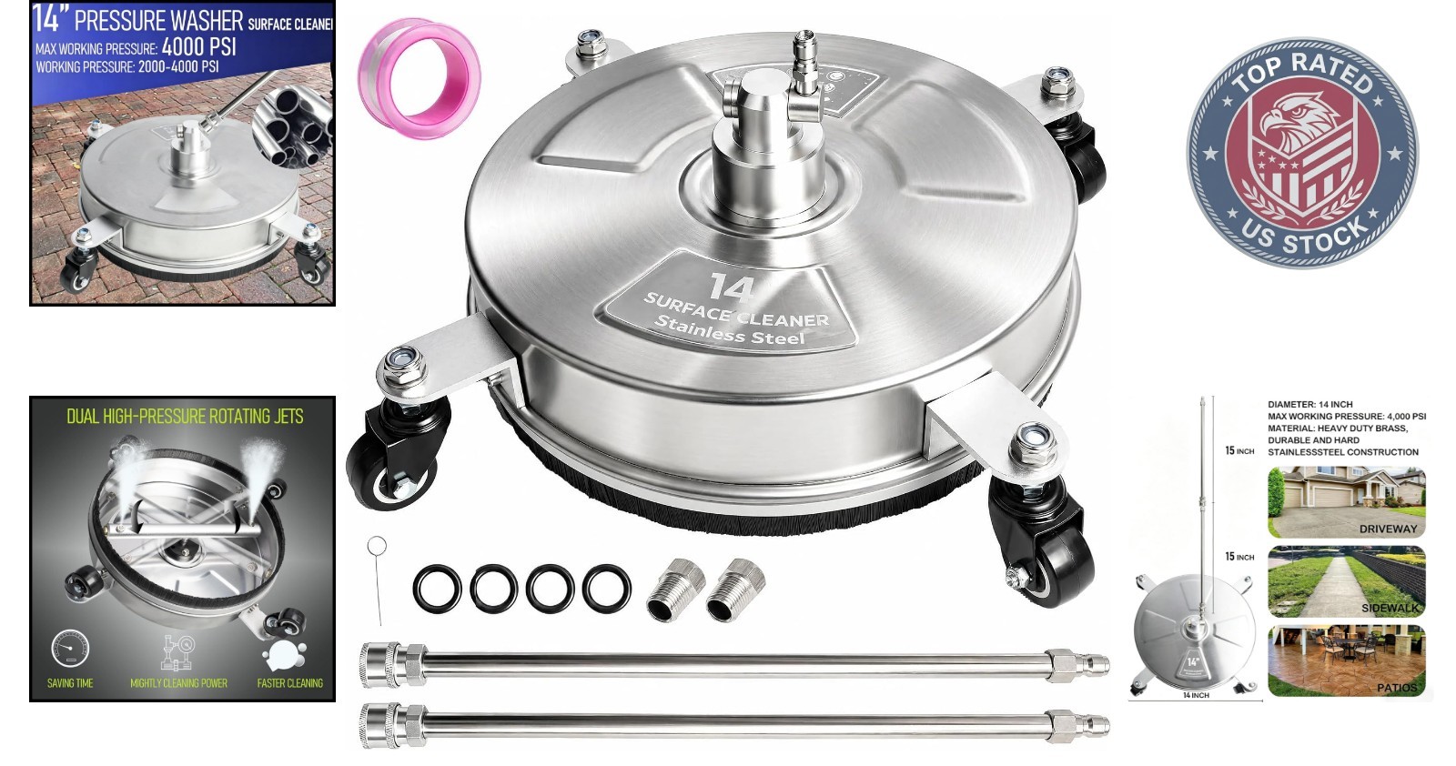 Effortless 14″ Surface Cleaner with 4 Wheels – Perfect for Patios & Driveways