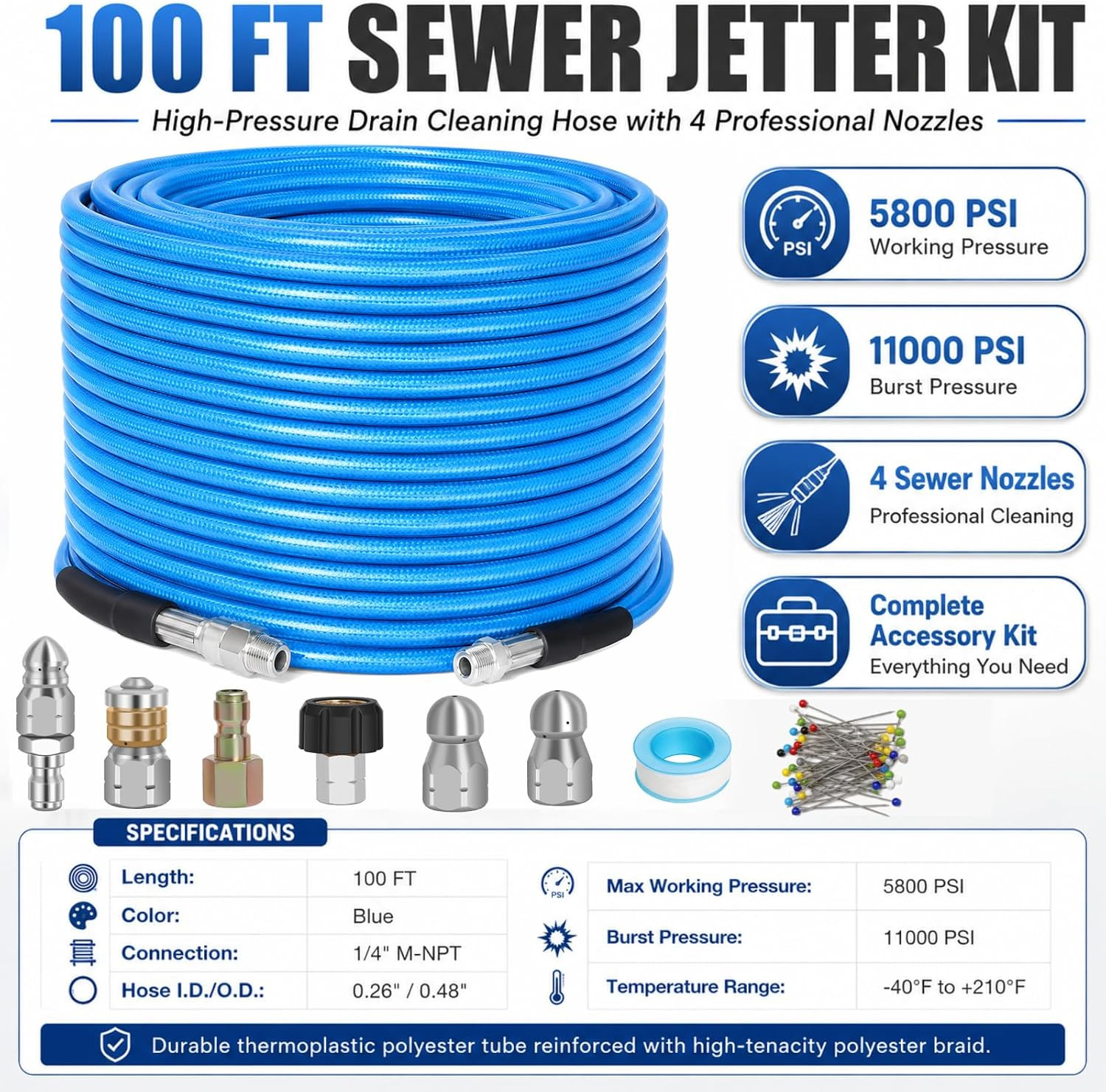 100 FT Sewer Jetter Kit for Pressure Washer, 5800PSI Water Jet Drain Cleaner Hos