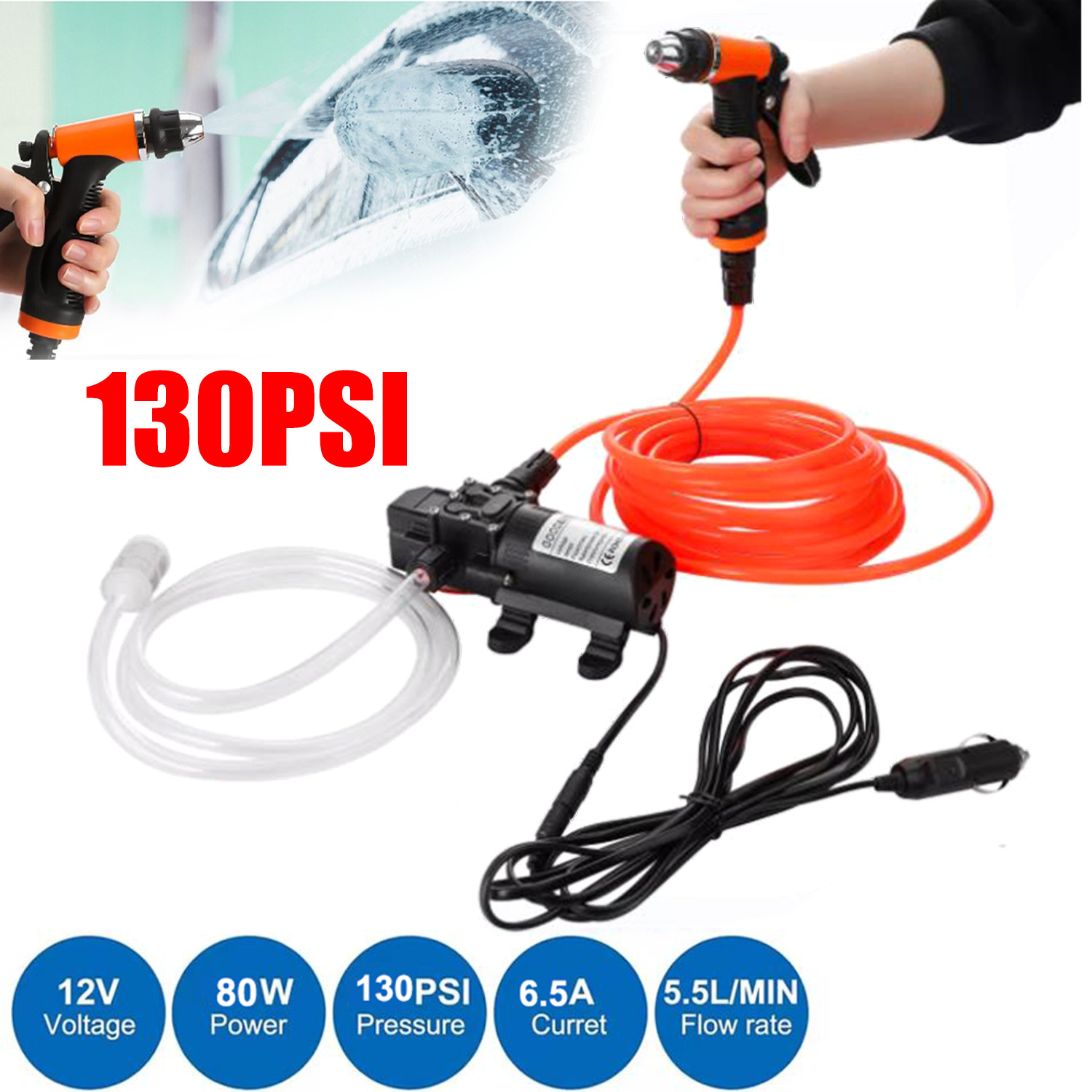 130PSI High Pressure Electric Car Washer Pump Wash 12V Clean Kit Portable 100W
