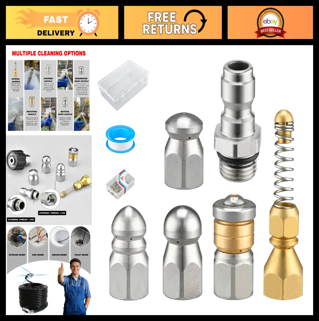 9 Pcs Pressure Washer Sewer Jetter Nozzle Kit, 5000 PSI, Stainless Steel, Quick