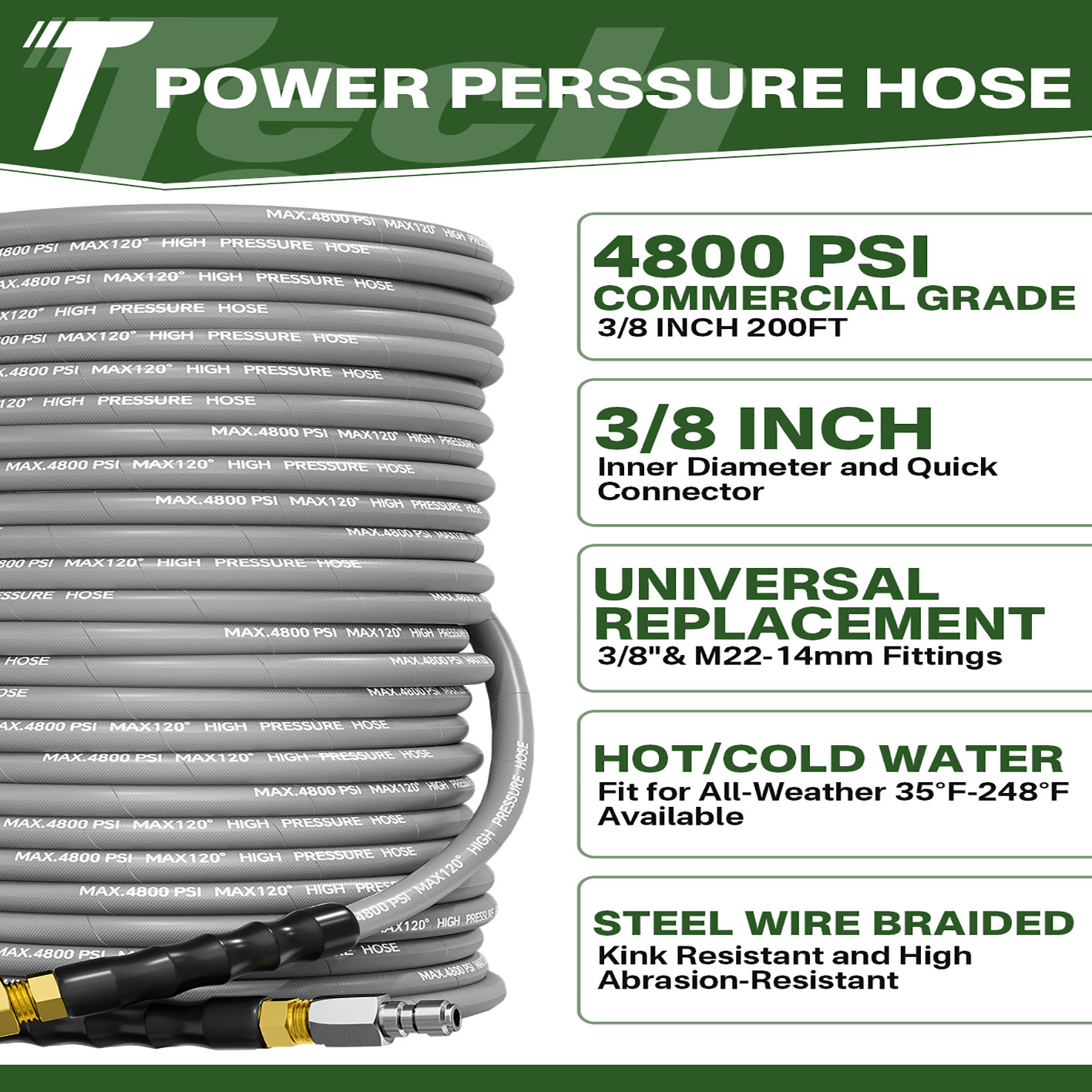 3/8″ 4800PSI Pressure Washer Hose 200FT with Swivel Quick Connect Max 248°F
