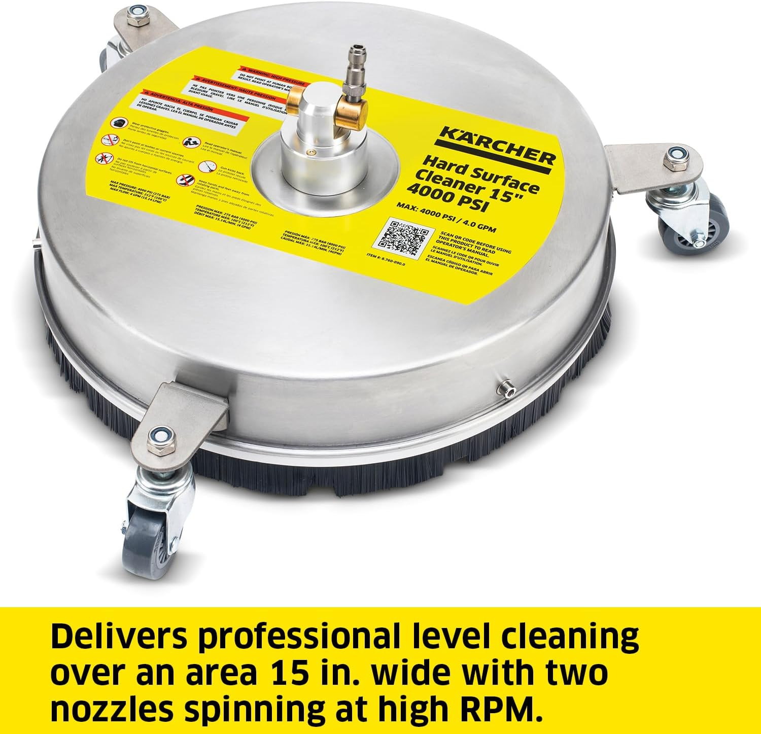 Pressure Washer Surface Cleaner 15″, 3 Wheels, Stainless Steel, Quick Connect, 4