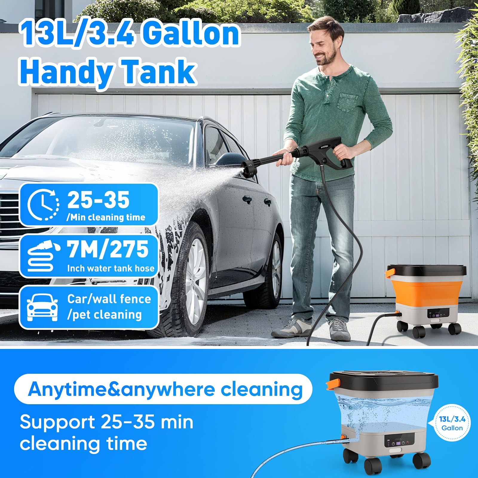 660PSI Portable Cordless Pressure Washer with Folding 3.4Gal Tank, 7M Hose