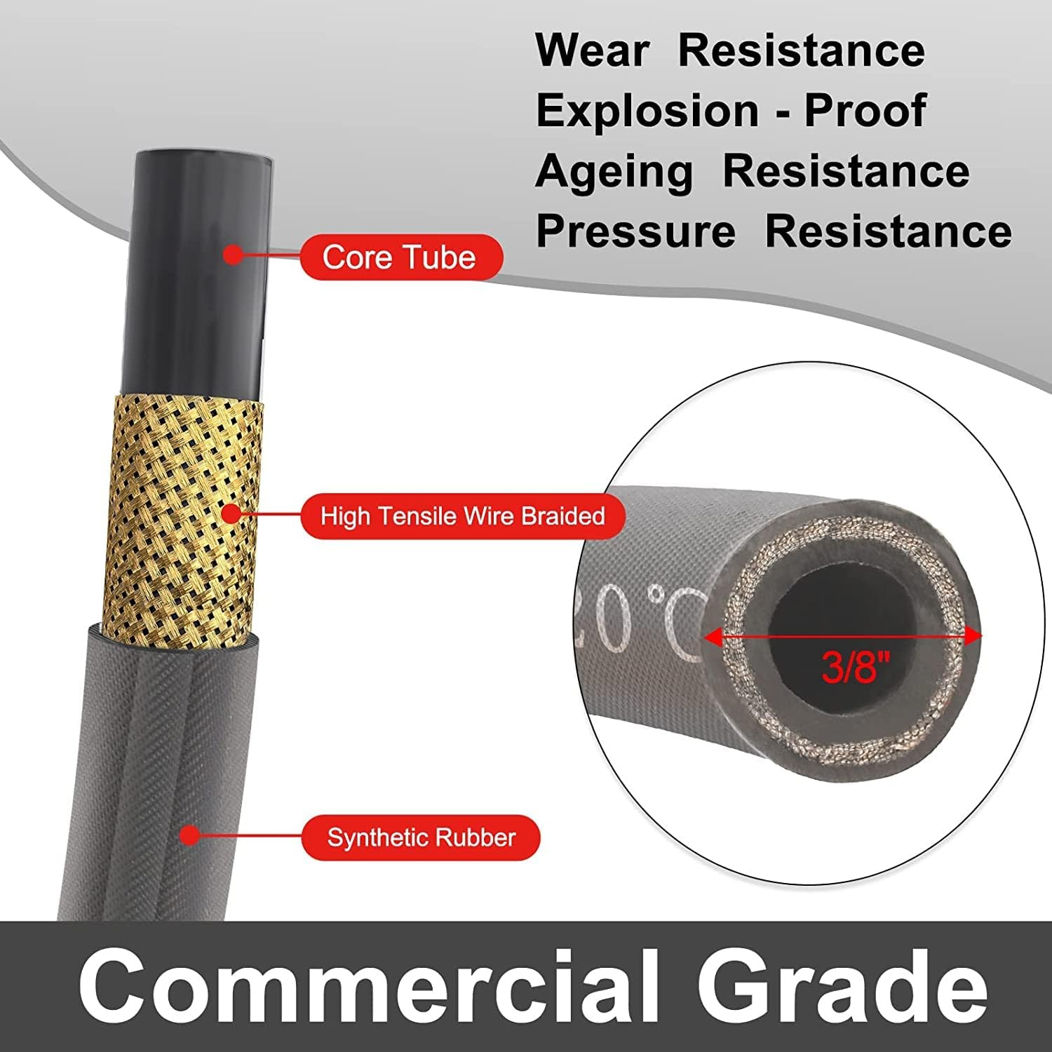 3/8” Pressure Washer Hose 50 FT, Hot and Cold Water Power Washer Hose Max 248°F