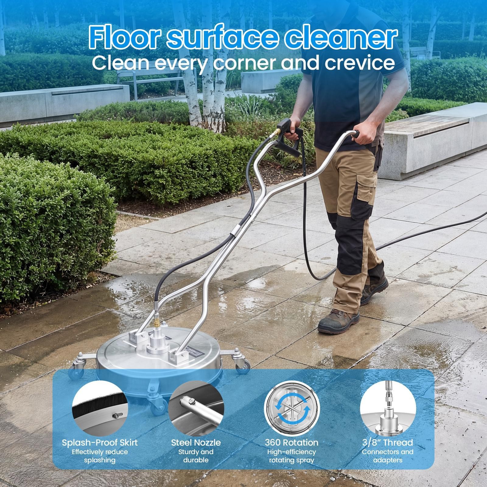20-24″Pressure Washer Surfaces Cleaner 4500PSI w/Handles & Wheels Stainless Stee