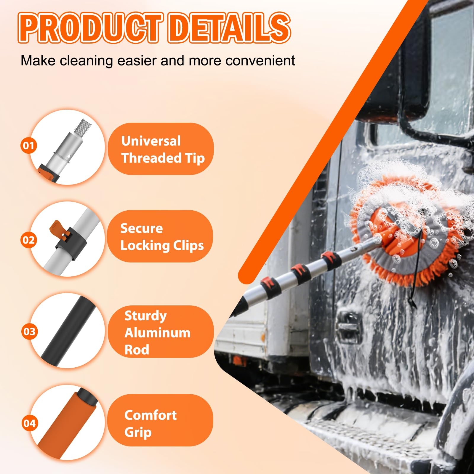 SISUPASSIE 16FT Car Wash Brush with Long Handle, Cleaning 16FT, Orange