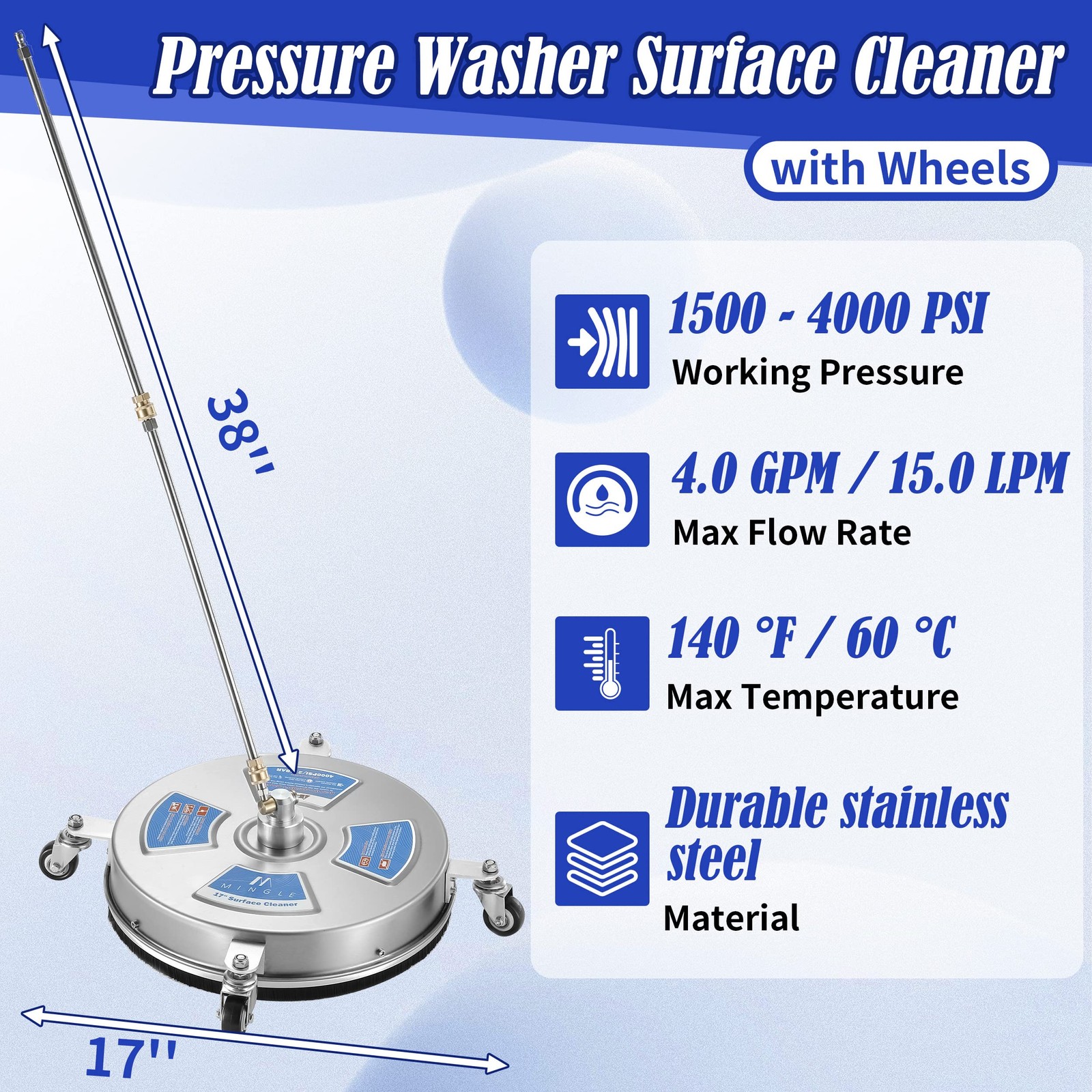 17” Pressure Washer Surface Cleaner, Driveway Pressure Washer Attachments wi…