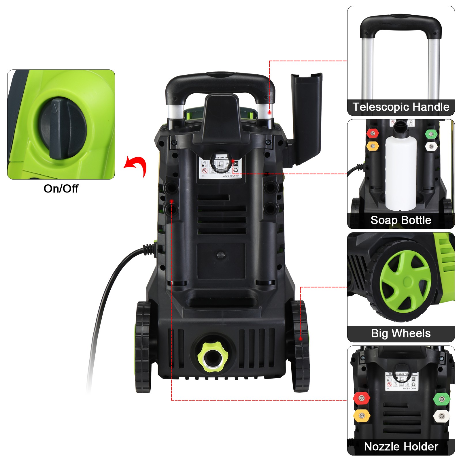 Portable Pressure Washer 4500PSI Max with 4 Nozzles and Telescopic Handle Green