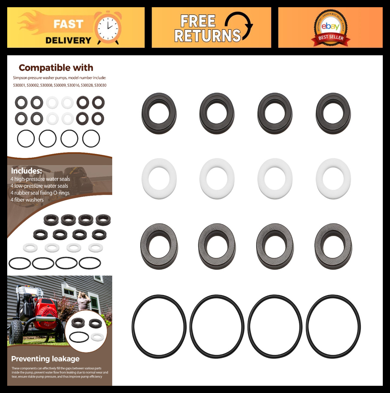Pressure Washer Pump Seal Kit – Low/High Pressure Compatible with 530001-90037
