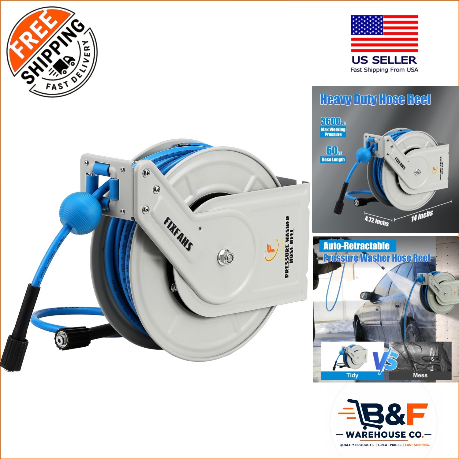 60ft Pressure Washer Hose Reel, Auto Rewind, 3600 PSI Heavy Duty