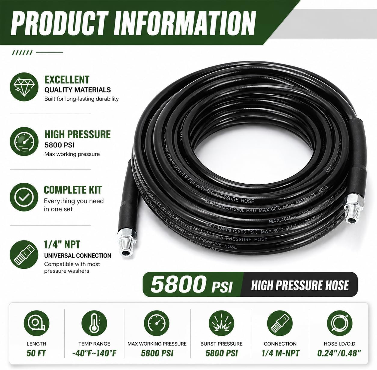 Sewer Jetter Kit for Pressure Washer, 50FT Drain Cleaning Hose with Corner Rotat