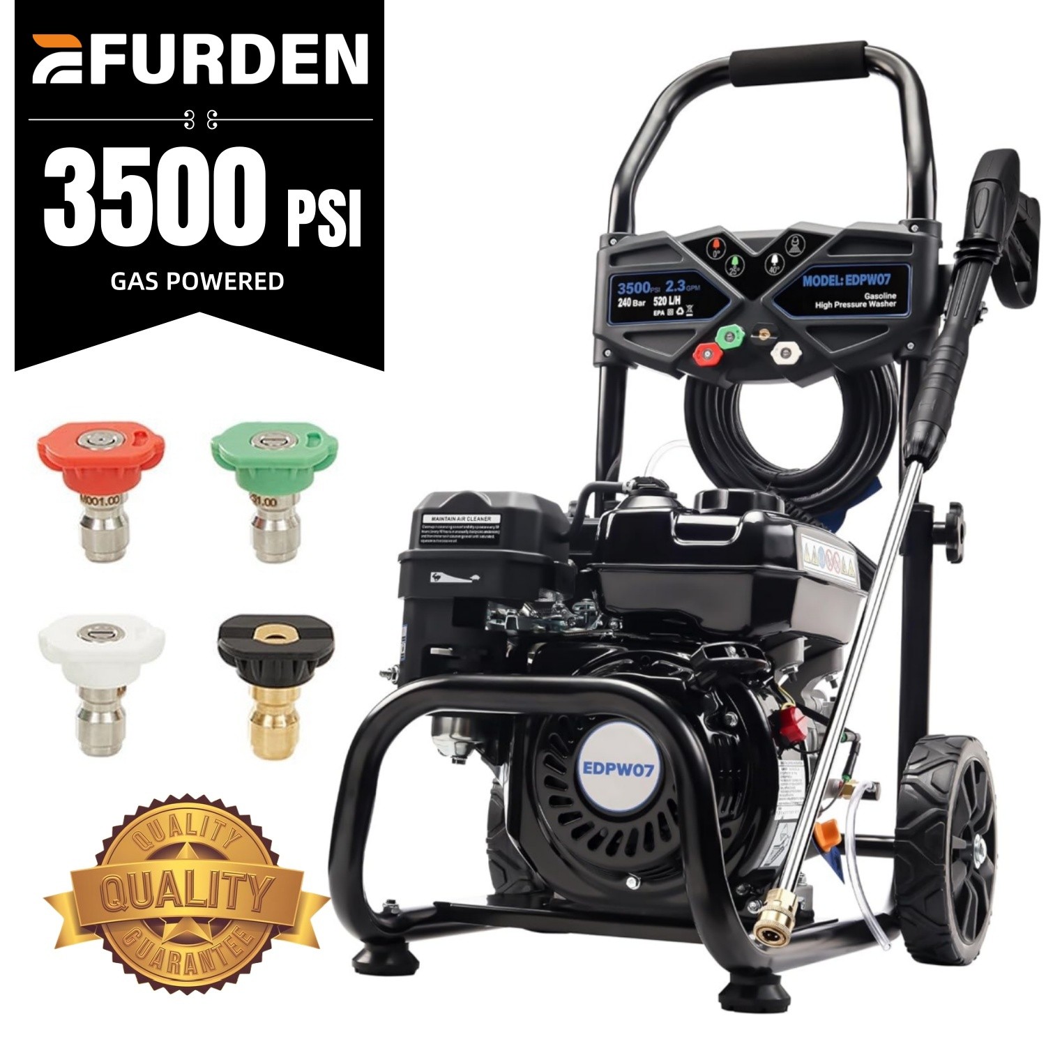 Efurden Gas Pressure Washer 3500 PSI 2.3GPM 209CC Black 25FT Hose&4 Nozzles Set