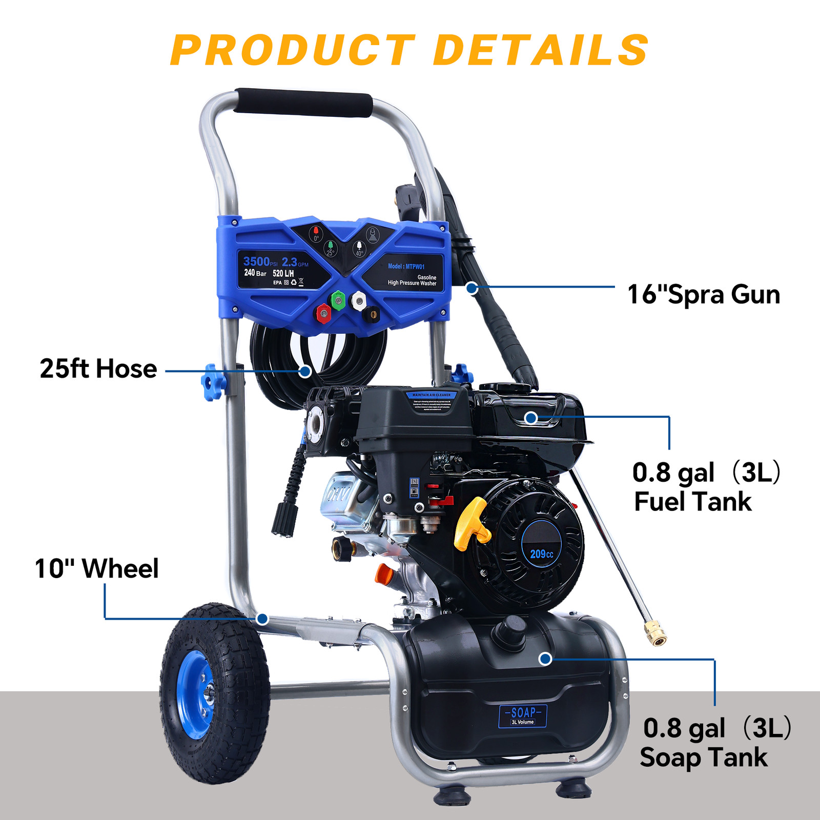 3500PSI Pressure Washer 2.3GPM Gas Power Washer 209CC with 25FT Hose& Soap Tank