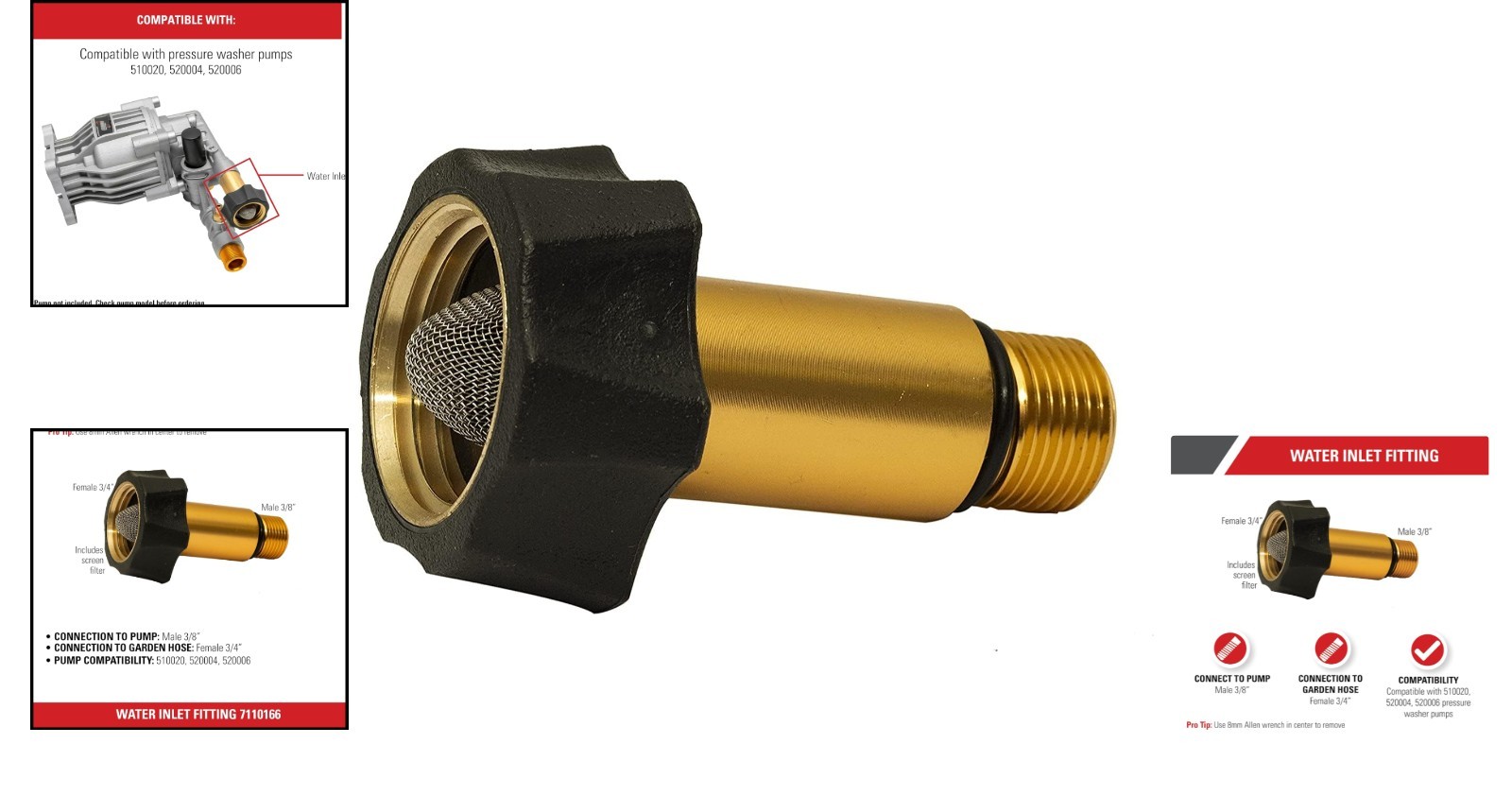 3/8″ to 3/4″ Water Inlet Fitting for OEM Pressure Washers, Brass Finish