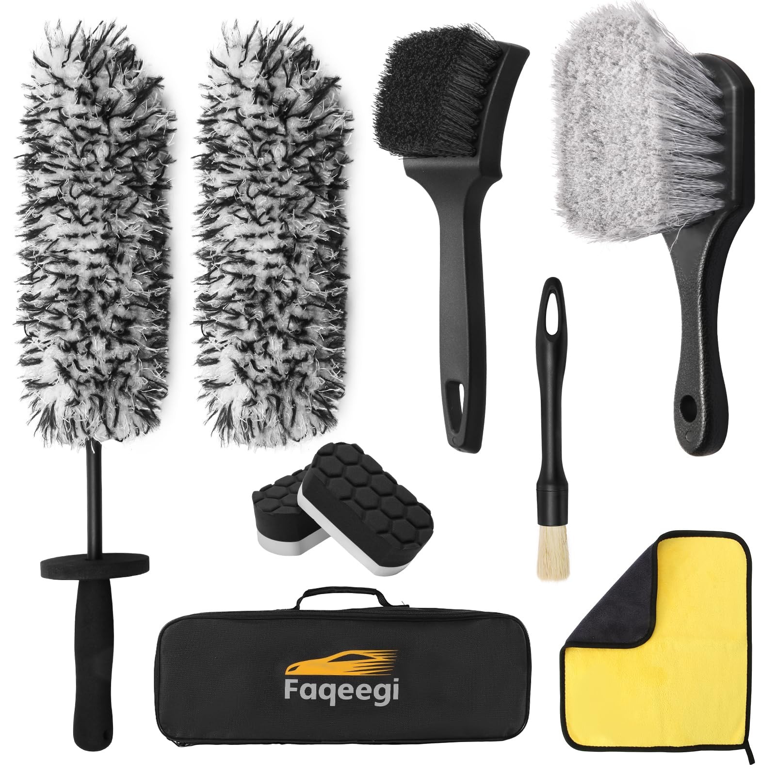 Faqeegi 9PCS Professional Wheel Detailing Kit – Microfiber Flat Rim Brush 9