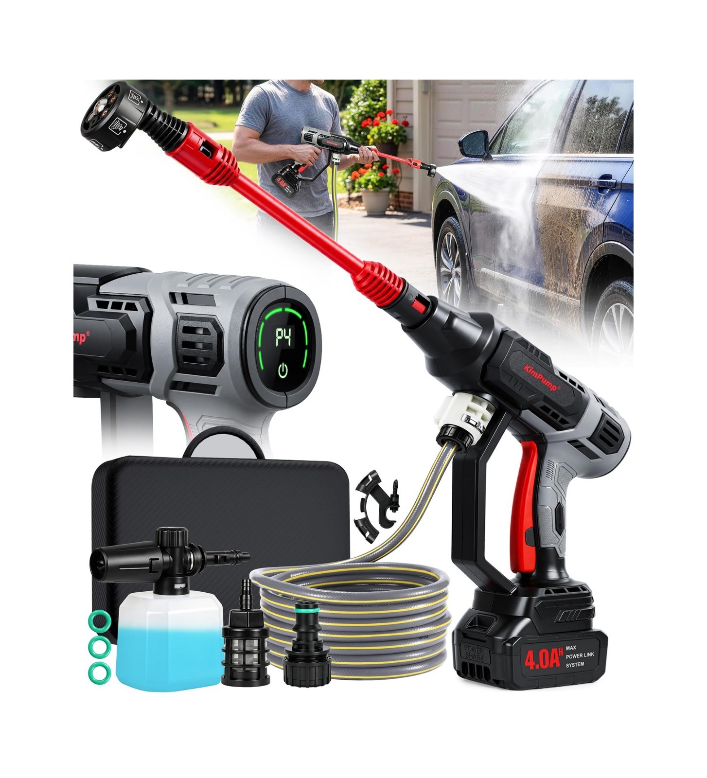 Portable Cordless Car Washer – 6-in-1 Nozzle, LCD Touch Panel, Adjustable Pressu