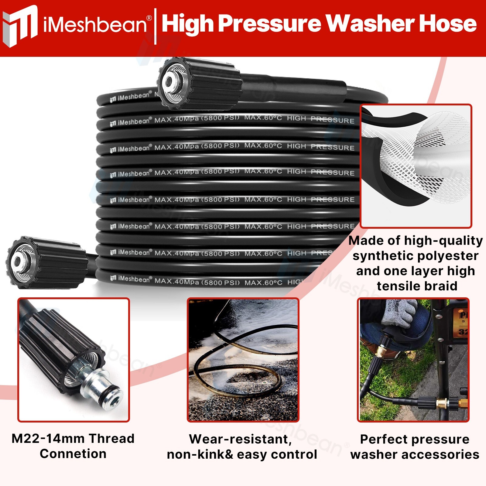 5800PSI High Pressure Power Washer Spray Gun Wand Lance Nozzle Tips Hose Kit M22