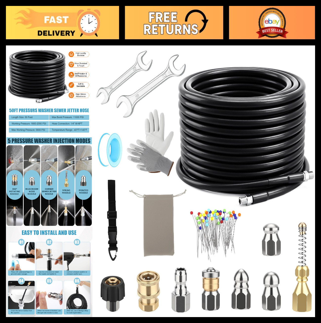 50FT Drain Jetter Kit for Pressure Washer, 5800 PSI, 4 Nozzles & 360° Rotating N