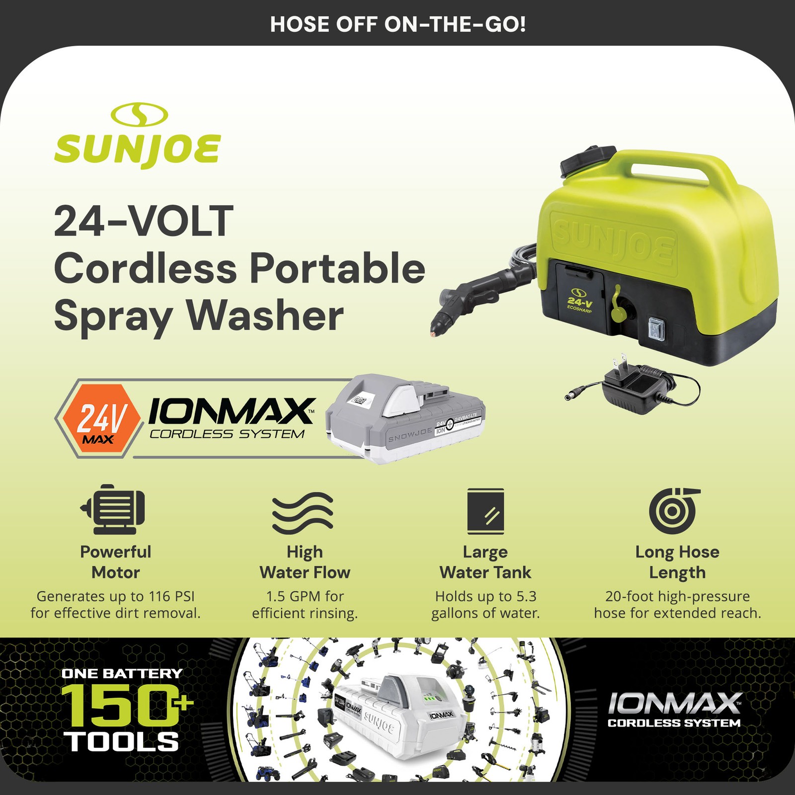 Sun Joe 24V IONMAX Cordless Portable Sink/Shower Spray Washer Kit with Battery