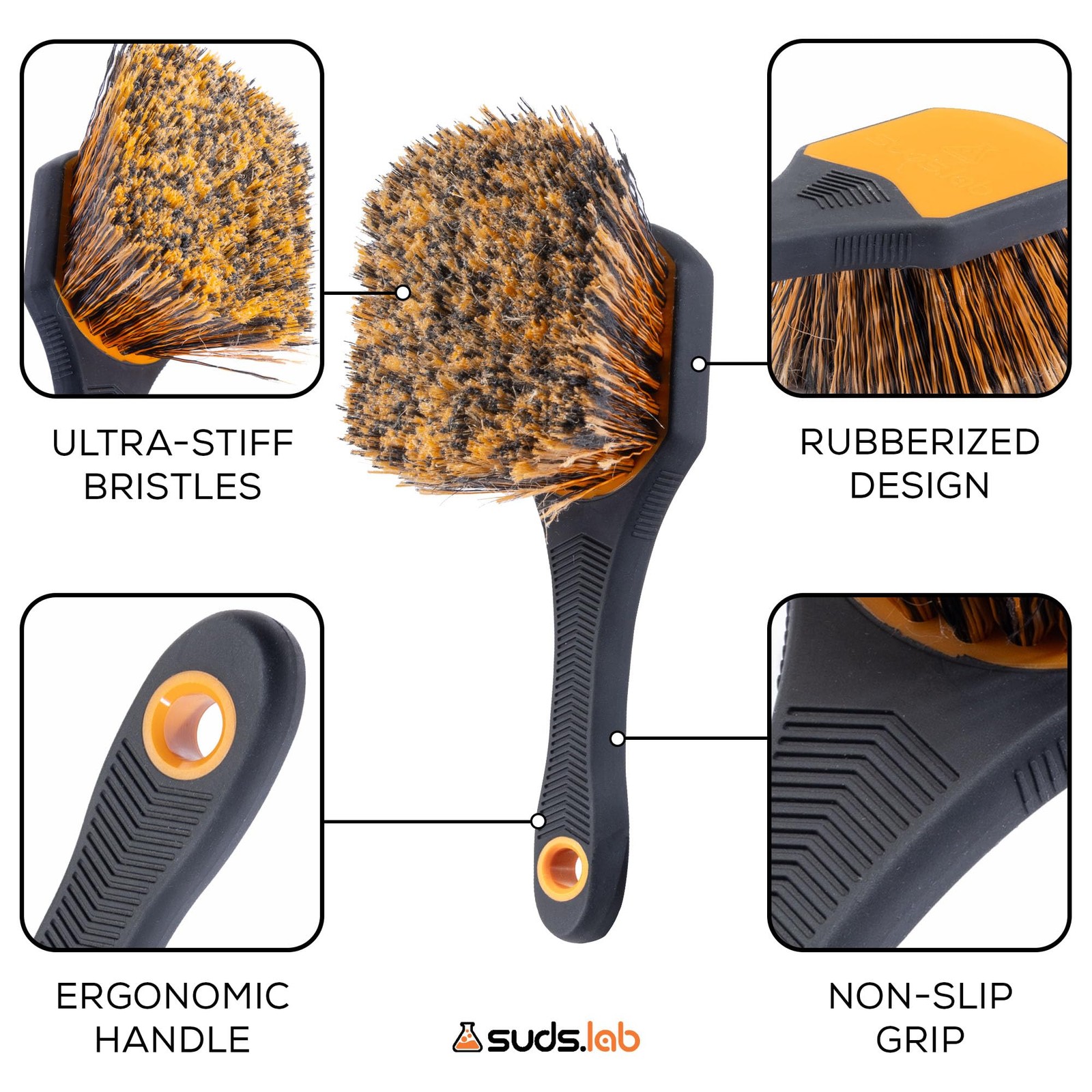 Suds Lab Wheel Spoke Brush Rubberized Handle Soft Bristle Black and Orange