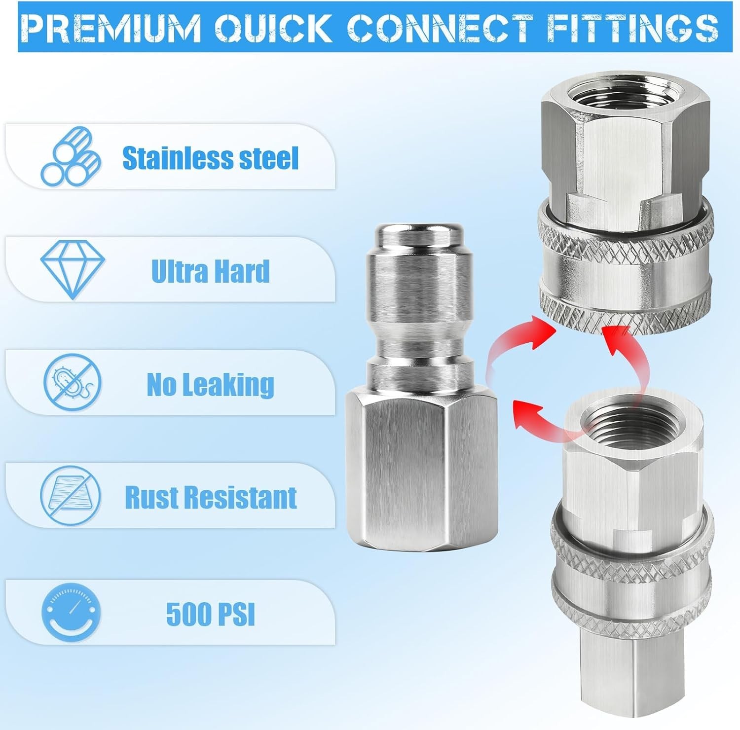 2-Piece Stainless Steel Pressure Washer Coupler Set – 1/4″ & 3/8″ Quick Connect