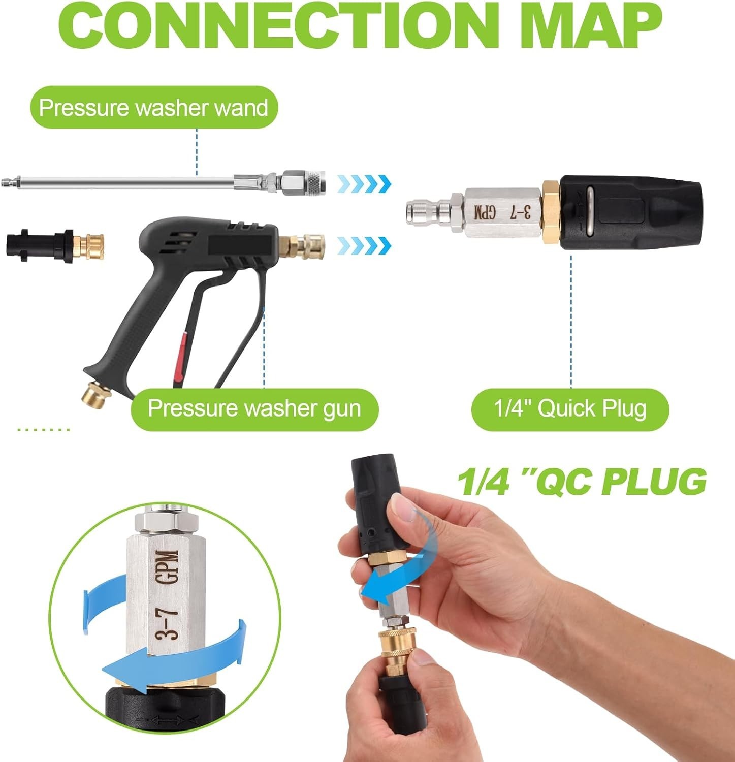 Adjustable Downstream Soft Wash Nozzle, Shooter Tip M5 Long Range Soap Twist Che