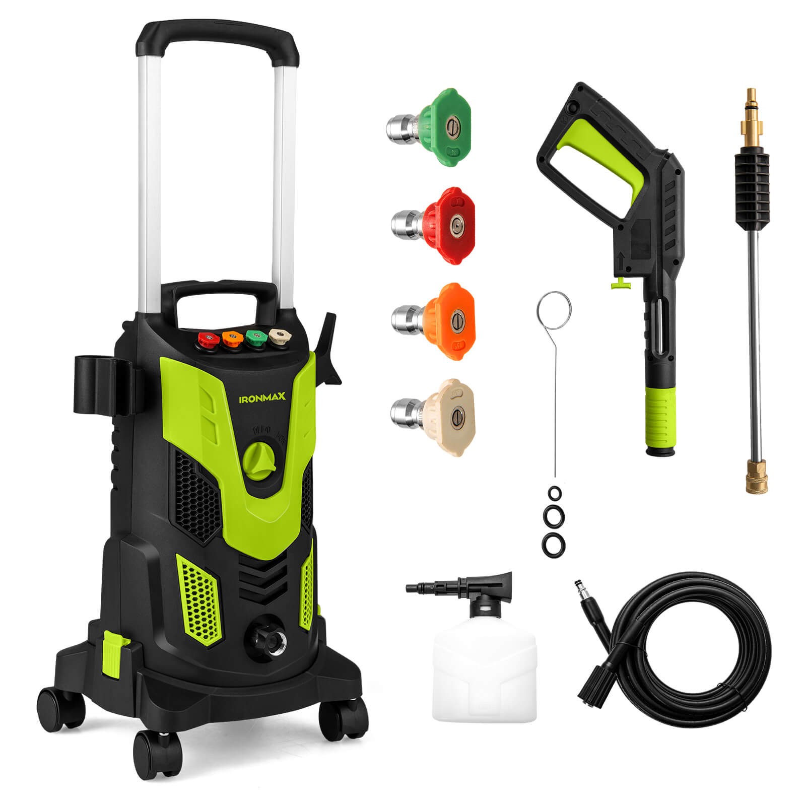 Electric Pressure Washer w/ 4 Nozzles & Soap Bottle Lockable Wheels for Cleaning