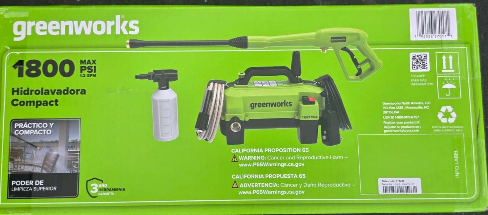 Greenworks 1800 PSI (1.2 GPM) Electric Pressure Washer NEW