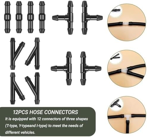 Windshield Washer Hose Kit, 5M Washer Fluid Hose with 12 Pcs Connectors, 2 Fan N