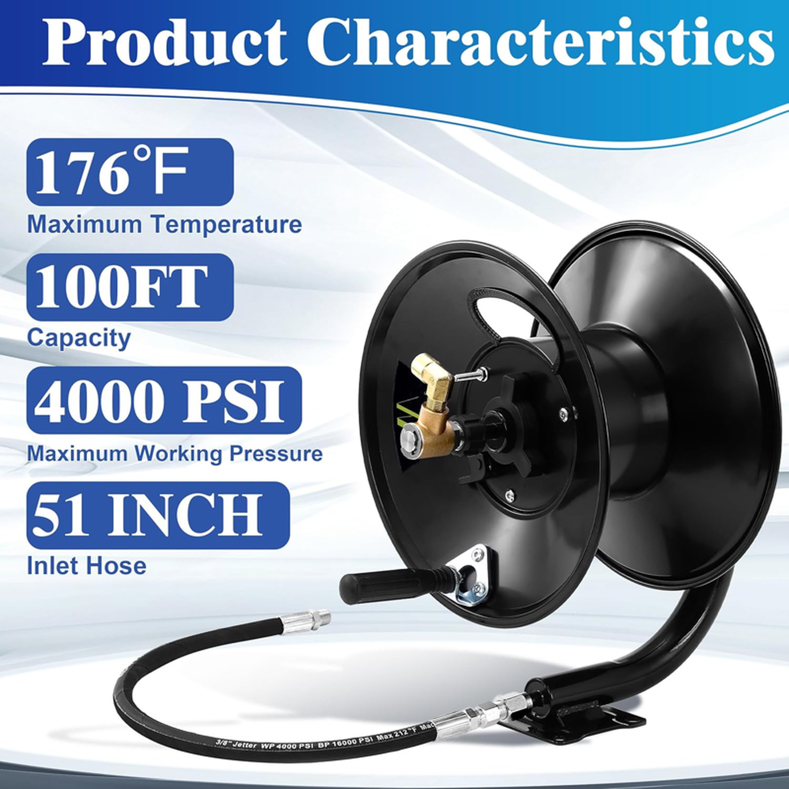 Pressure Washer Hose Reel 100ft x 3/8″ / 150ft x 1/4″, 4000 PSI | Heavy Duty