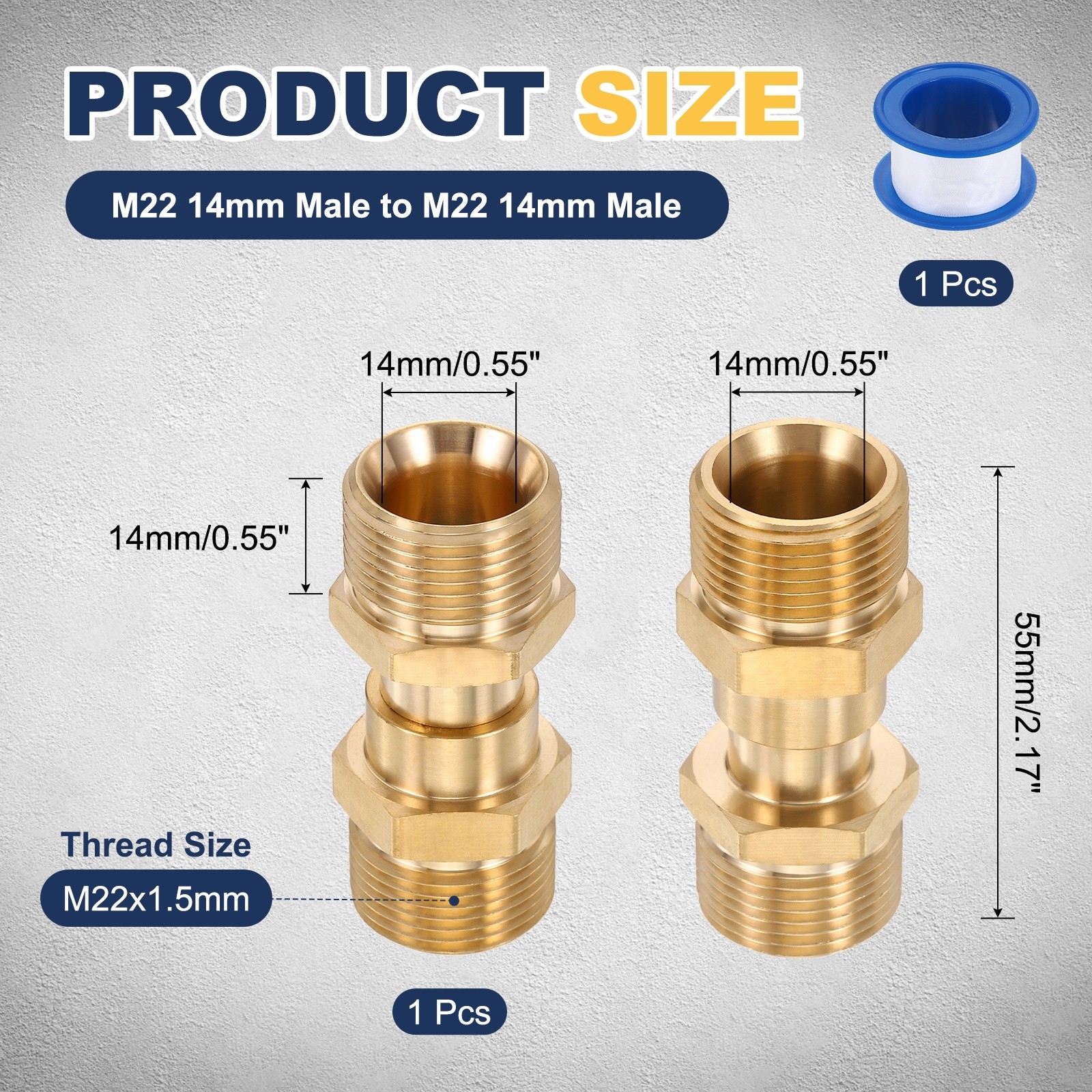 M22 14mm Male to M22 14mm Male 55mm Brass Fitting Pressure Washer Adapter w Tape