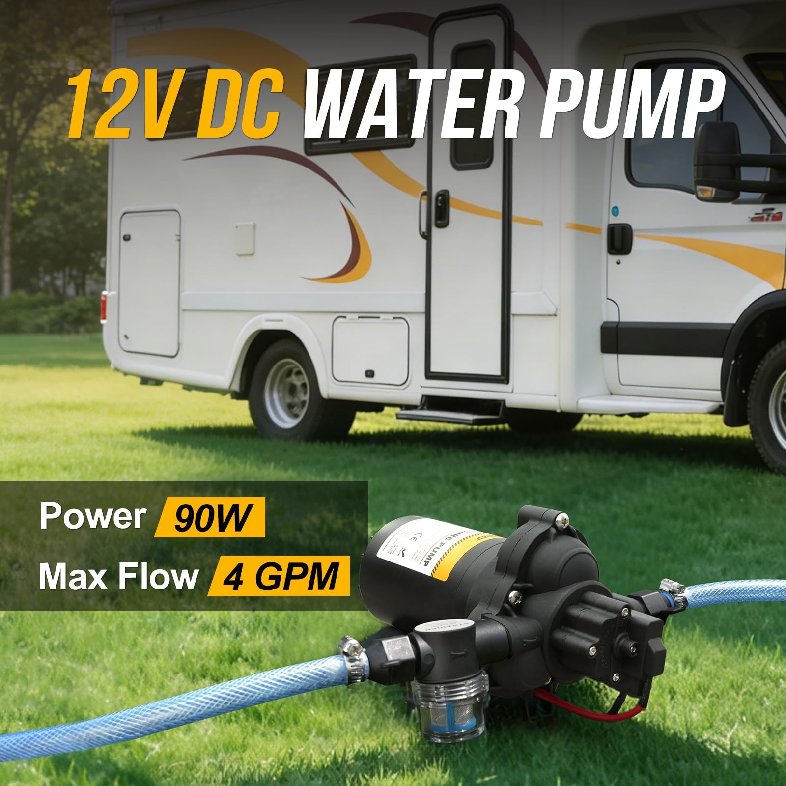 RV Water Pump 4.0 GPM 45 PSI Diaphragm Fresh Quiet Pressure Switch Self Priming