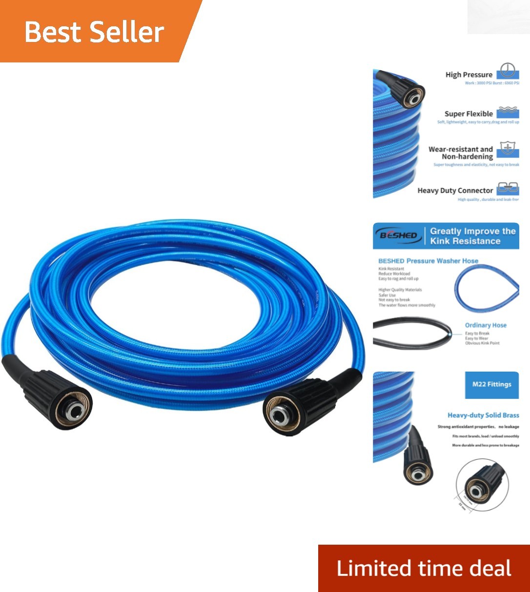 High-Pressure 25FT Hose 1/4 Inch – Kink Resistant, 3000 PSI for Power Washers