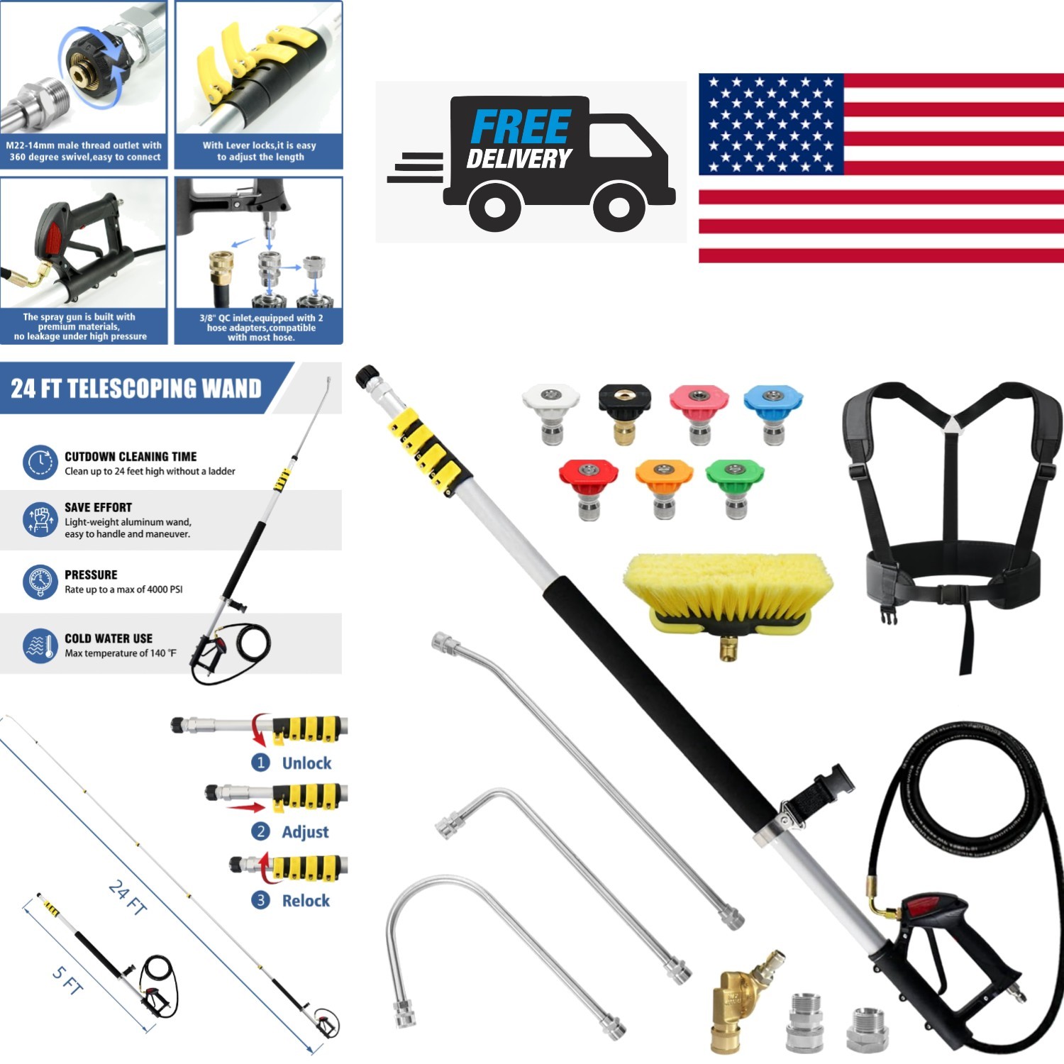Versatile Telescoping Wand for Pressure Washers 24 Feet with Gutter Cleaner