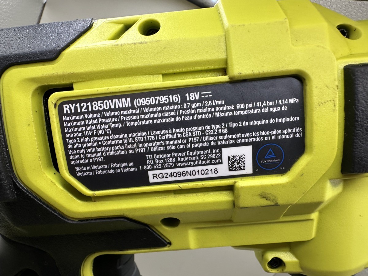 Ryobi RY121850 Cold Water Pressure Washer 18V ONE+ (Tool Only) (CJL007876)
