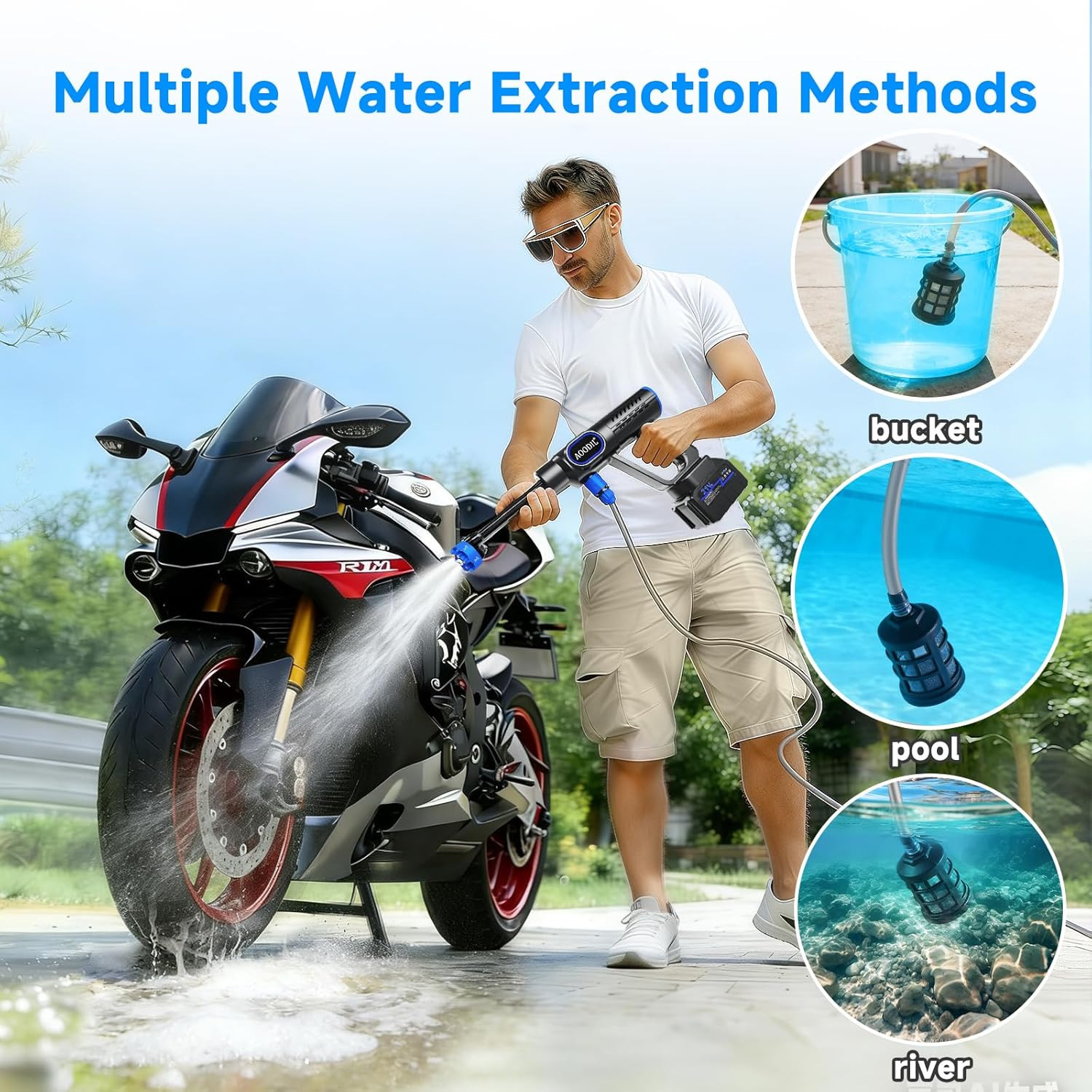 Portable Cordless Washer with 6 Nozzles, Foam Pot & 16ft Hose for Home & Car