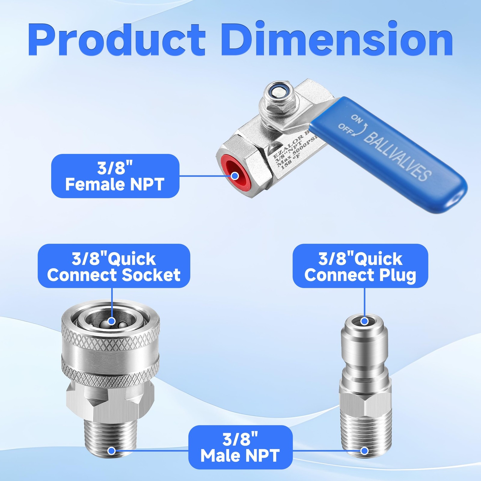 3/8 Inch Quick Connect Pressure Washer Hose Shut Off Ball Valve SS 5000PSI