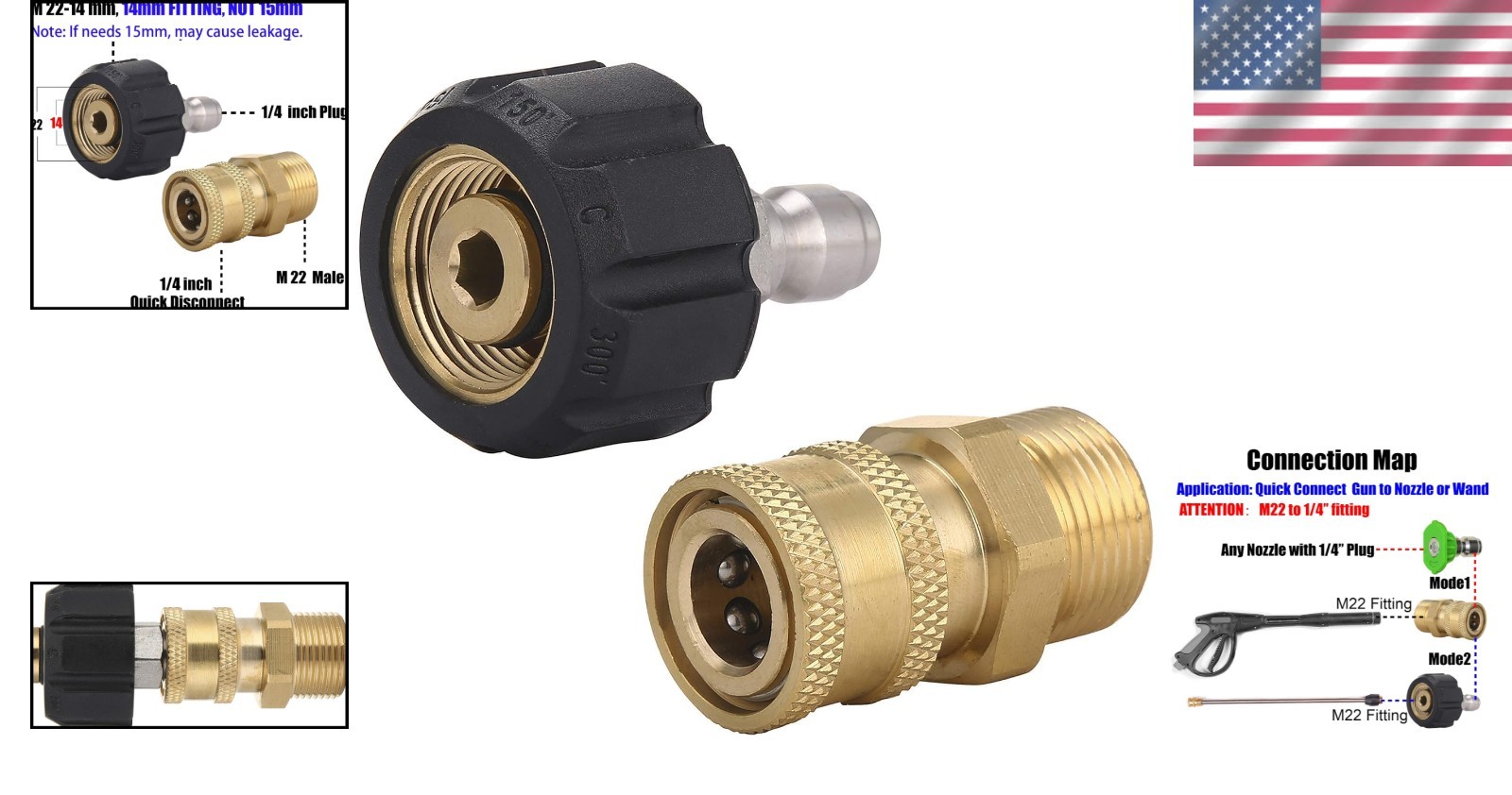 Universal Quick Connect Adapter Set: M22 14mm to 1/4 Inch for Pressure Washers