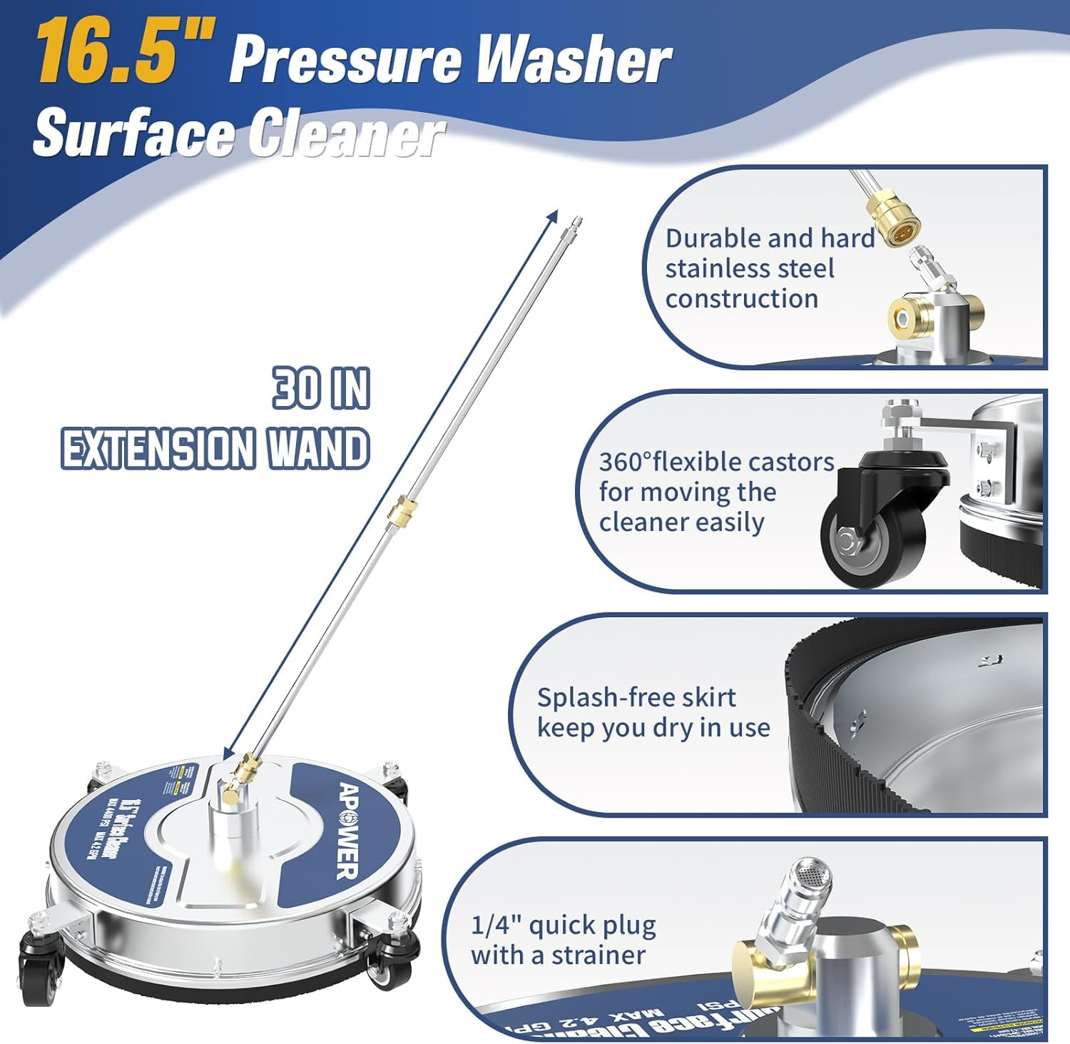 16.5″ Pressure Washer Surface Cleaner Attachment, Max 4400 PSI, Stainless Steel