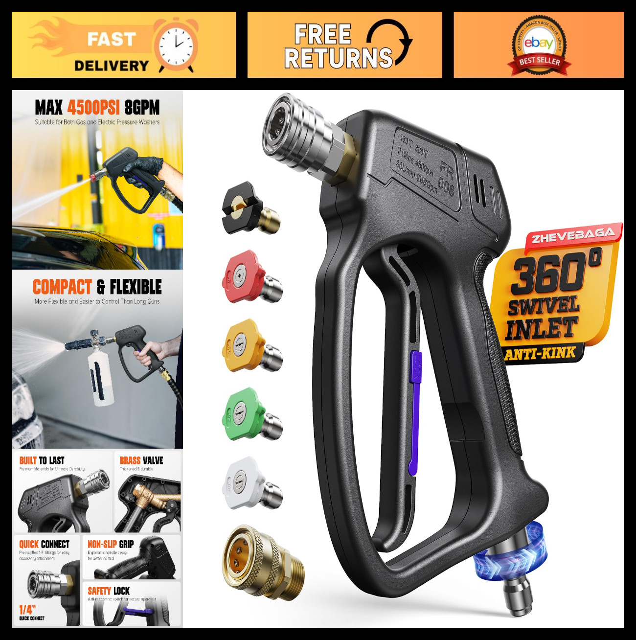 High-Pressure Washer Gun with Swivel, 5 Spray Nozzles & Quick Connect Coupler