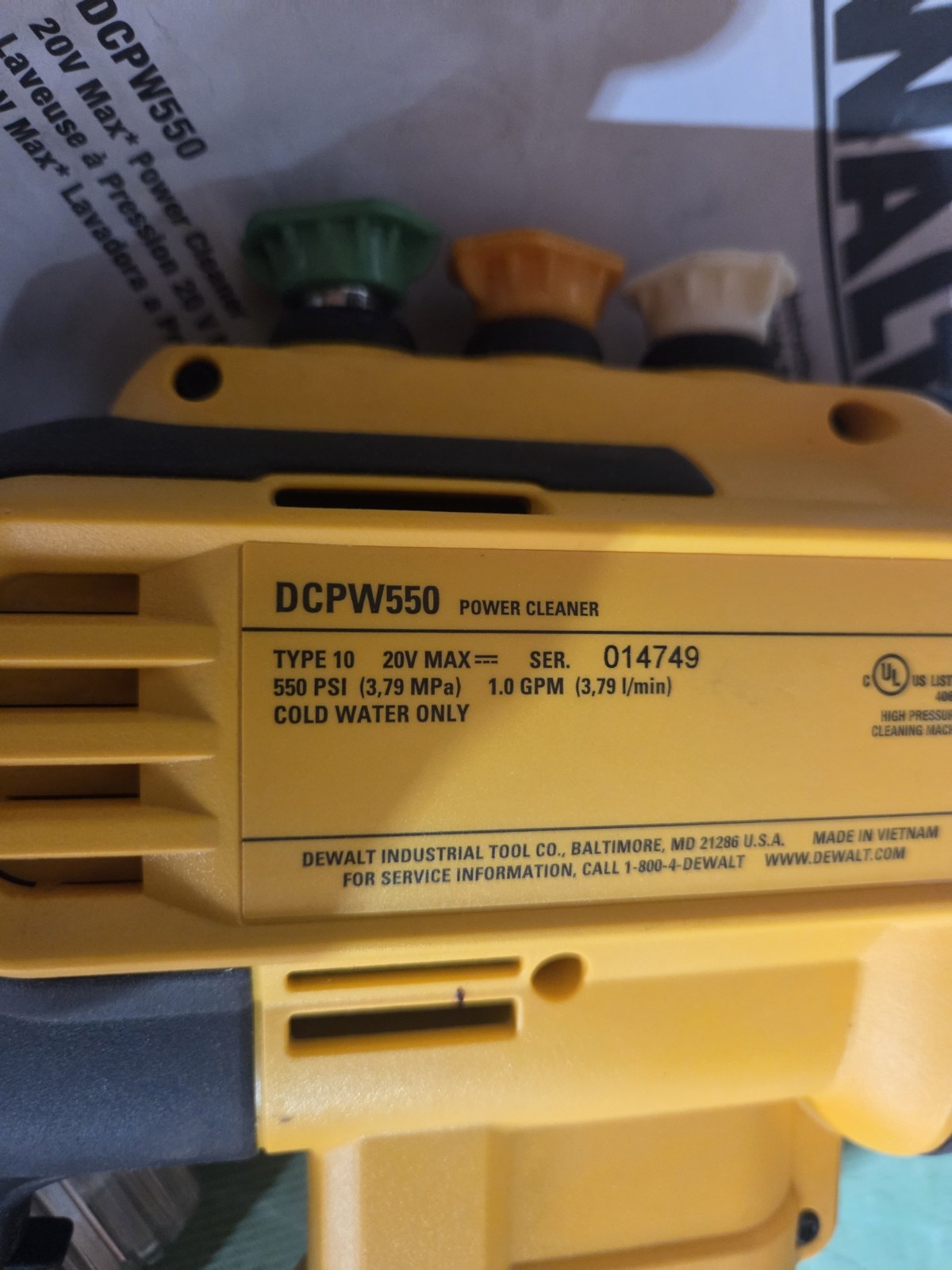 DEWALT DCPW550 20V 550 PSI Power Cleaner Pressure Washer
