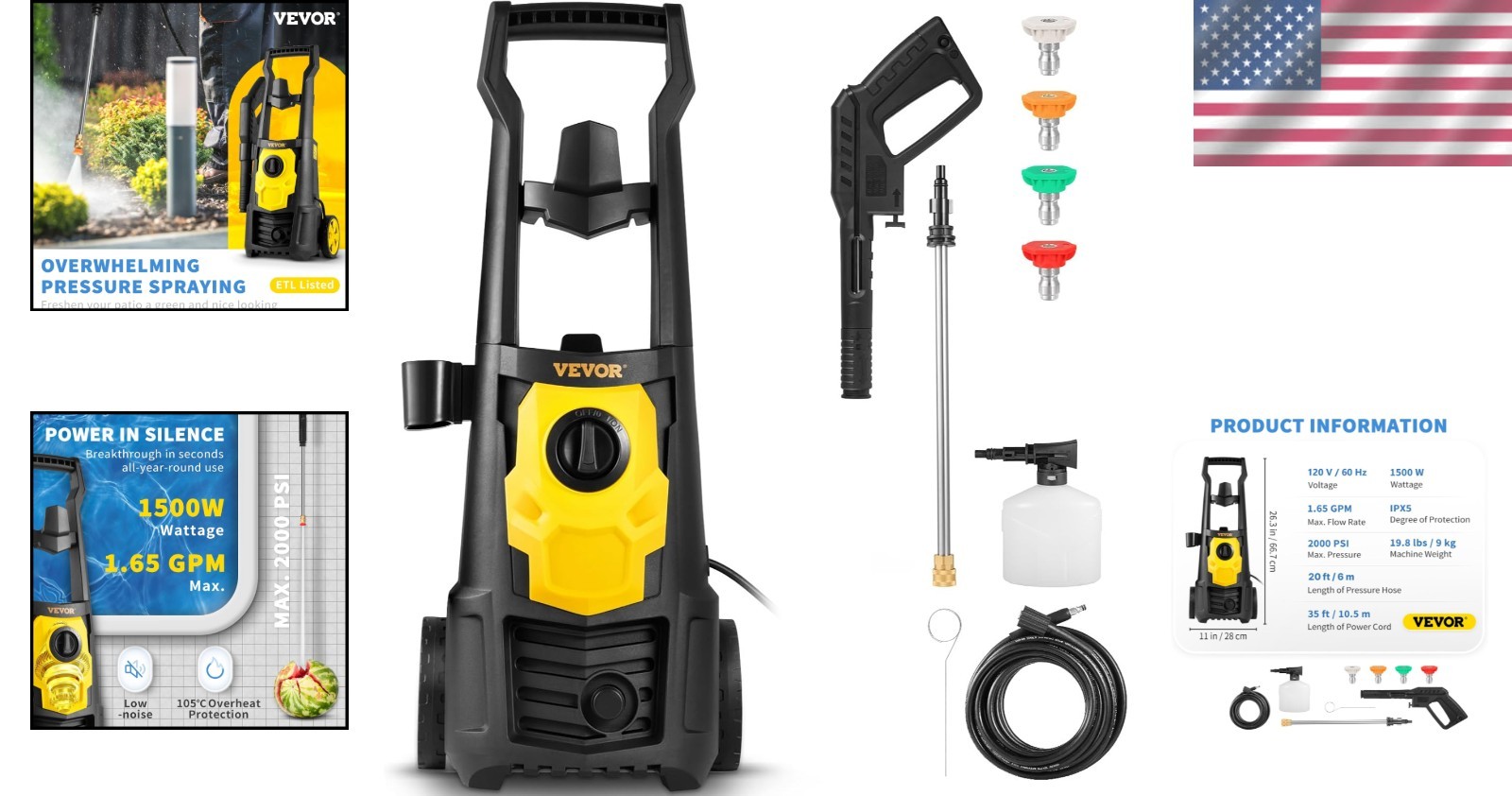 2000 PSI Electric Power Washer – 1.65 GPM, Portable with Foam Cannon & 5 Nozzles