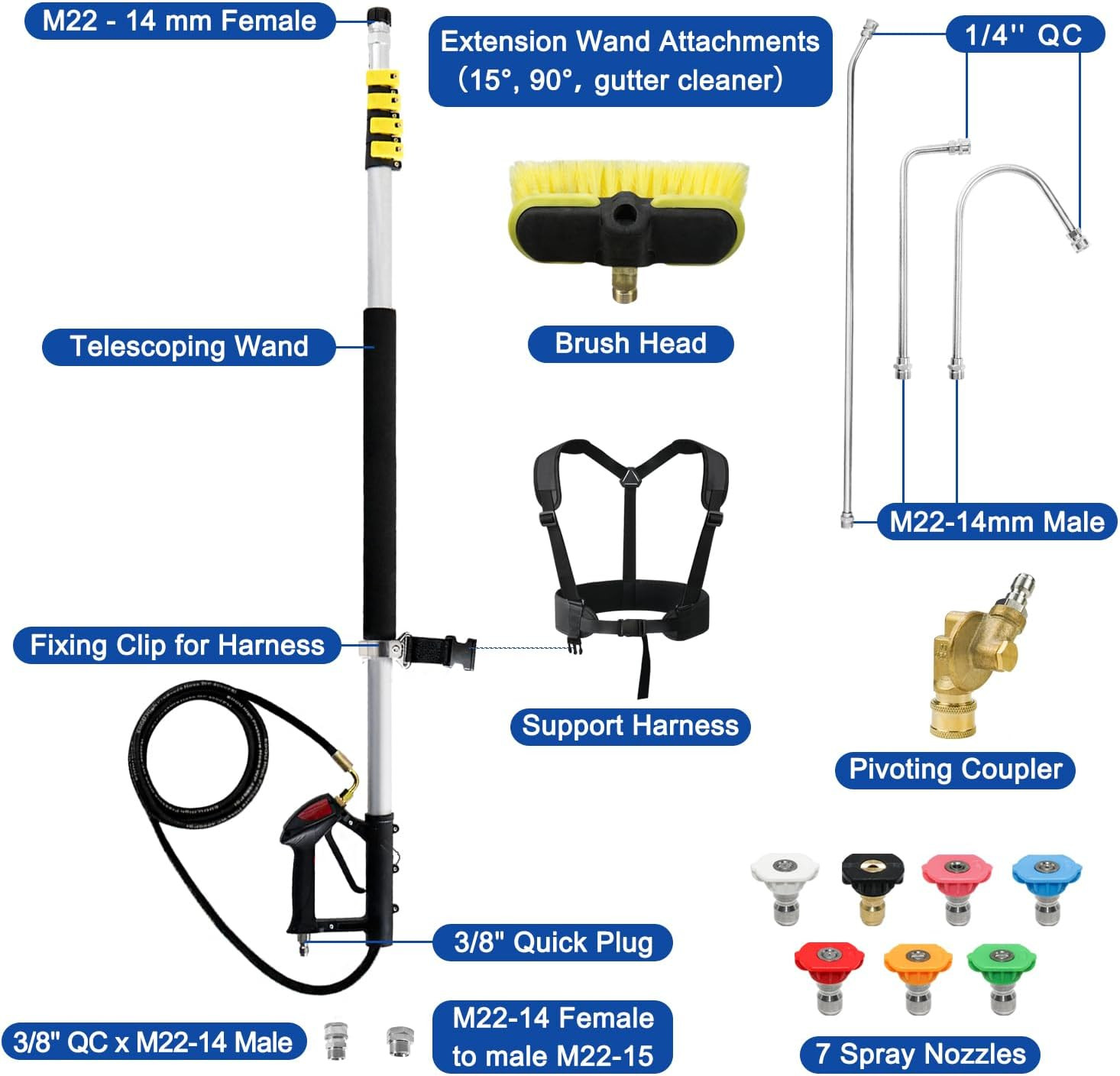 24FT Telescoping Pressure Washer Extension Wand with Brush Head, 2 Power Washer
