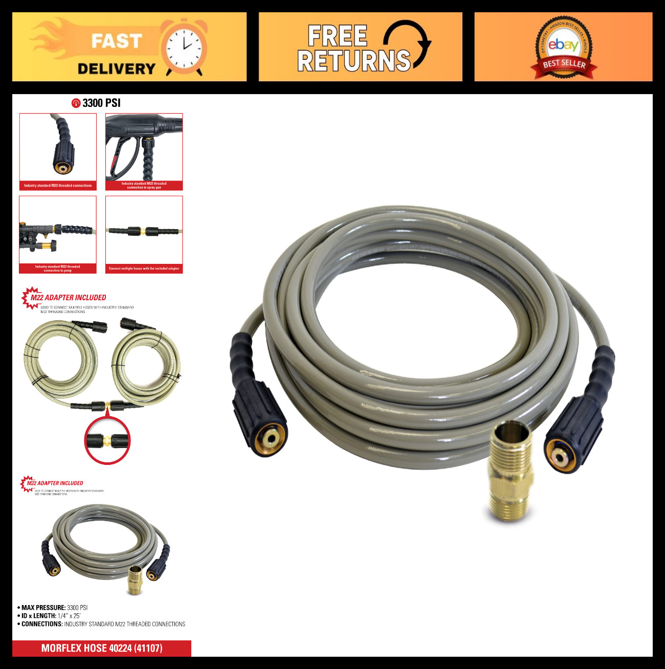 3300 PSI Pressure Washer Hose – 25ft Cold Water, 1/4″ Diameter, Durable Morflex