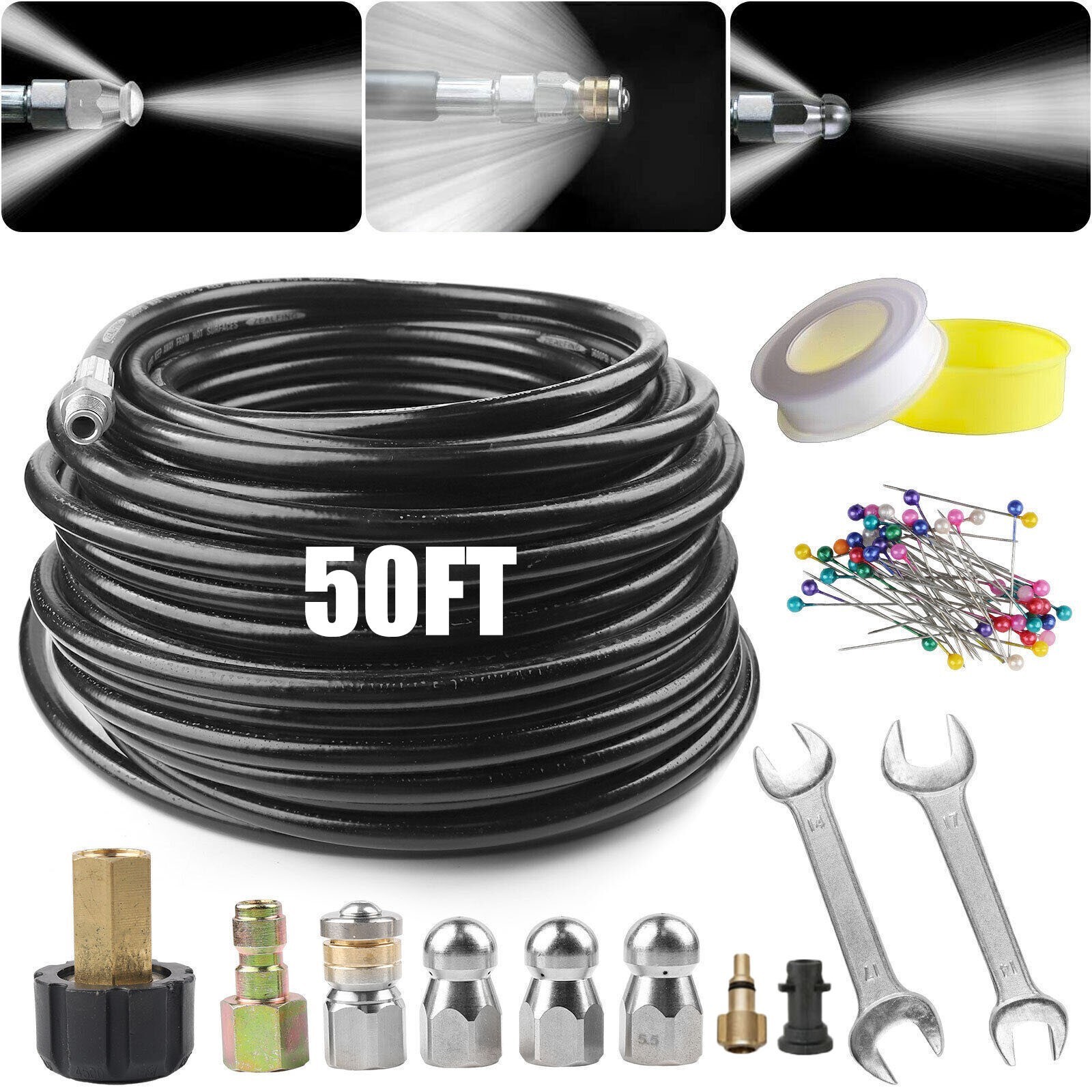 5800PSI Sewer Jetter Nozzle Kit 50/100FT Drain Cleaning Hose for Pressure Washer