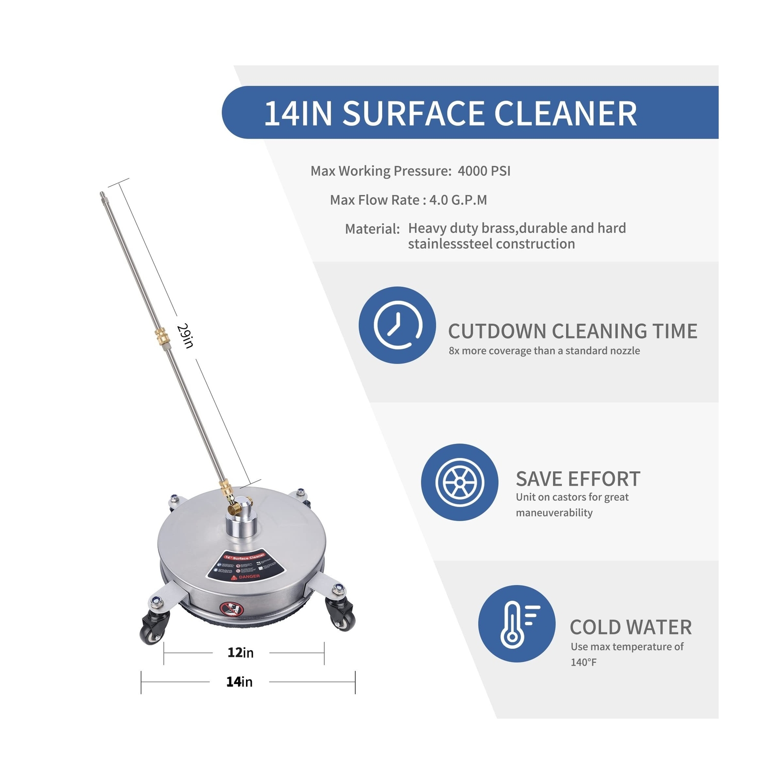 Biswing 14″ Pressure Washer Surface Cleaner with 4 Wheels, Stainless Steel Po…