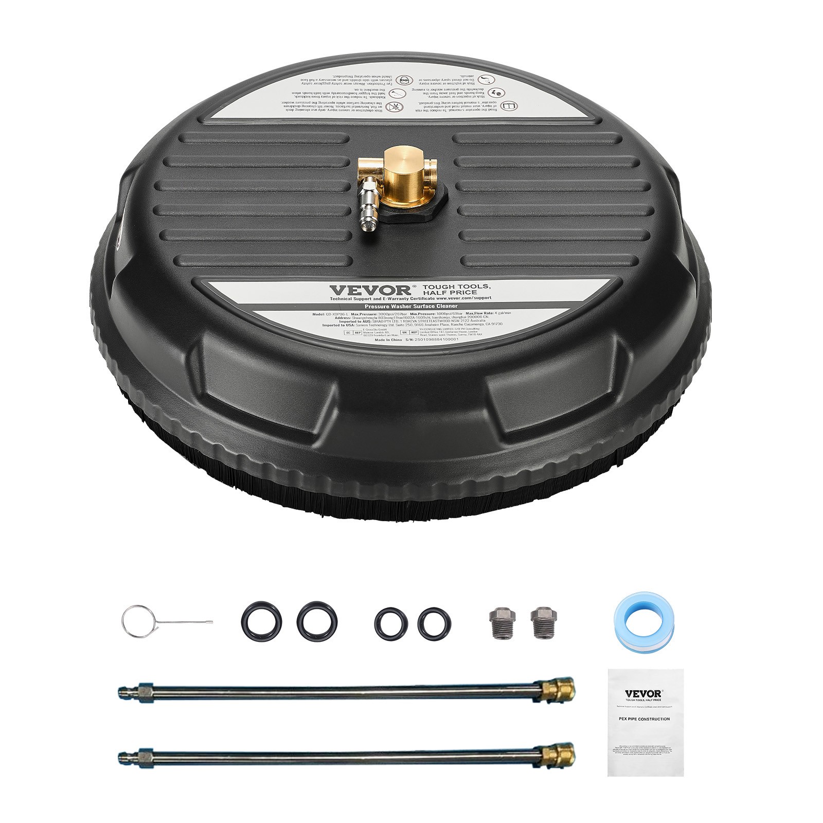 VEVOR 15″ Pressure Washer Surface Cleaner 4000 Max PSI Plastic 2 Extended Wands
